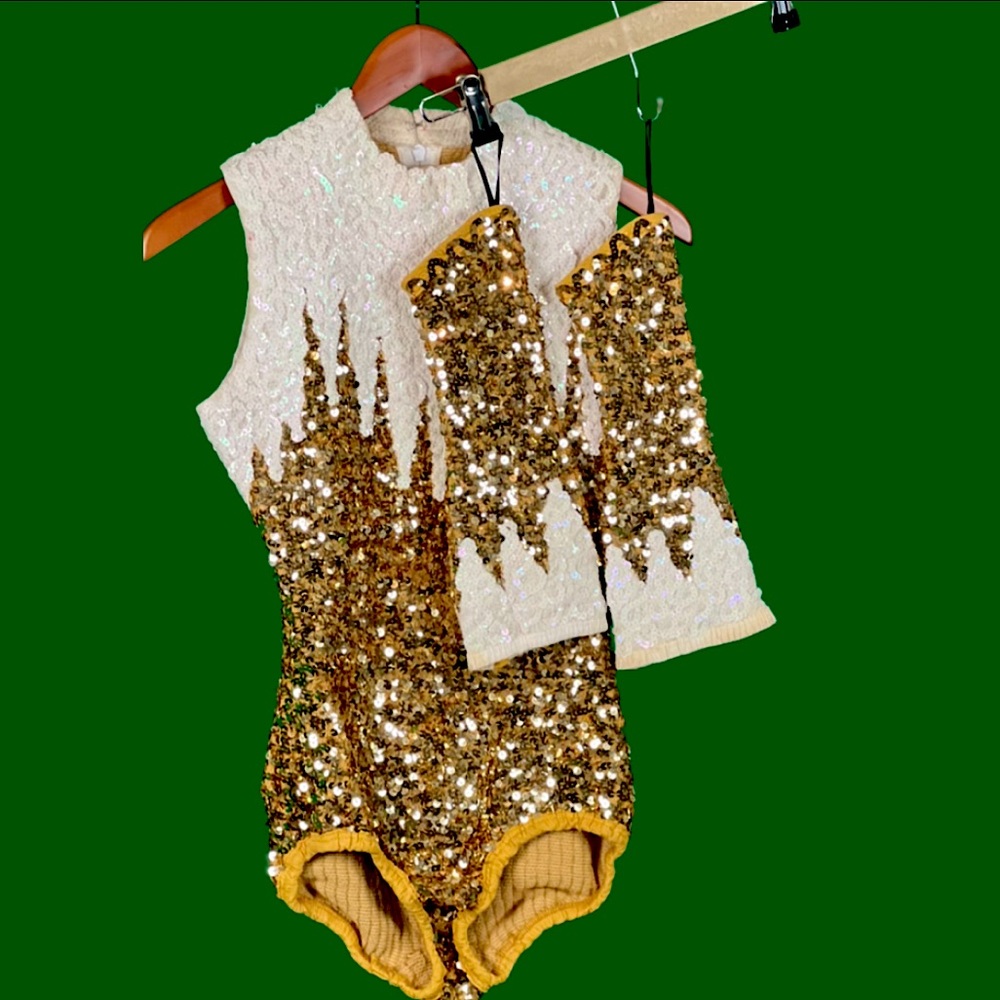 Majorette Costume w/ Pull on sleeves ~ Gold & White Sequins ~ Vintage
